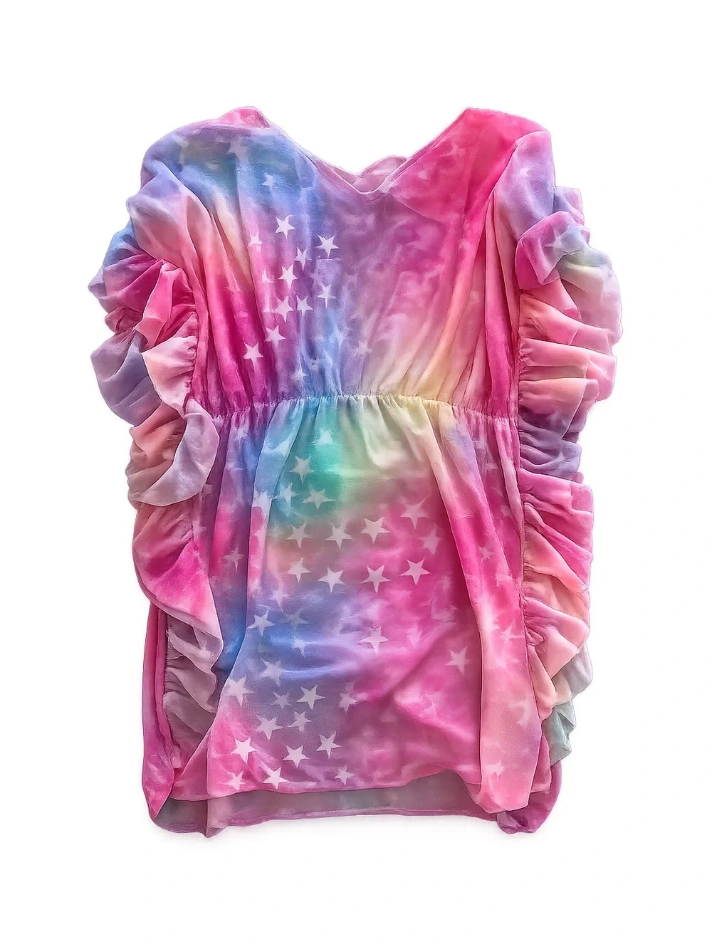 Mia Belle Girls Rainbow Star Tie-Dye Ruffle Cover Up / Dress - Pink Multi - 6/6X